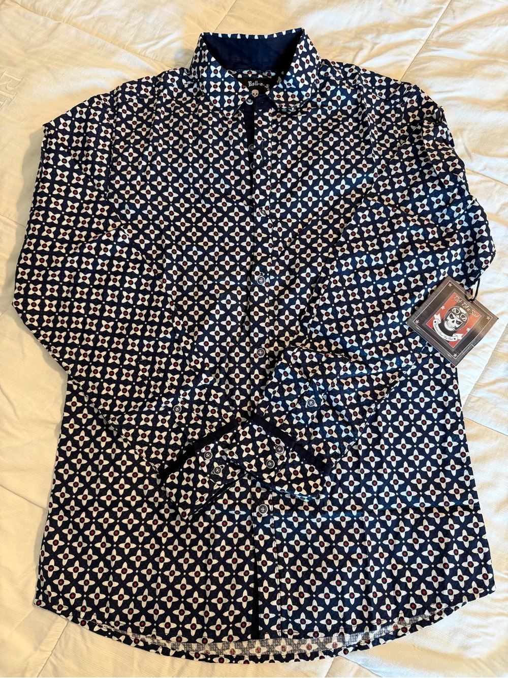 Rock Roll n Soul Men's M Long Sleeve Geometric Skull Embroidered Cotton Shirt
